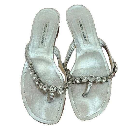Manolo Blahnik Silver Crystal Thong Sandals Size 39.5 / 9.5 Designer Slide Shoes - Picture 2 of 15